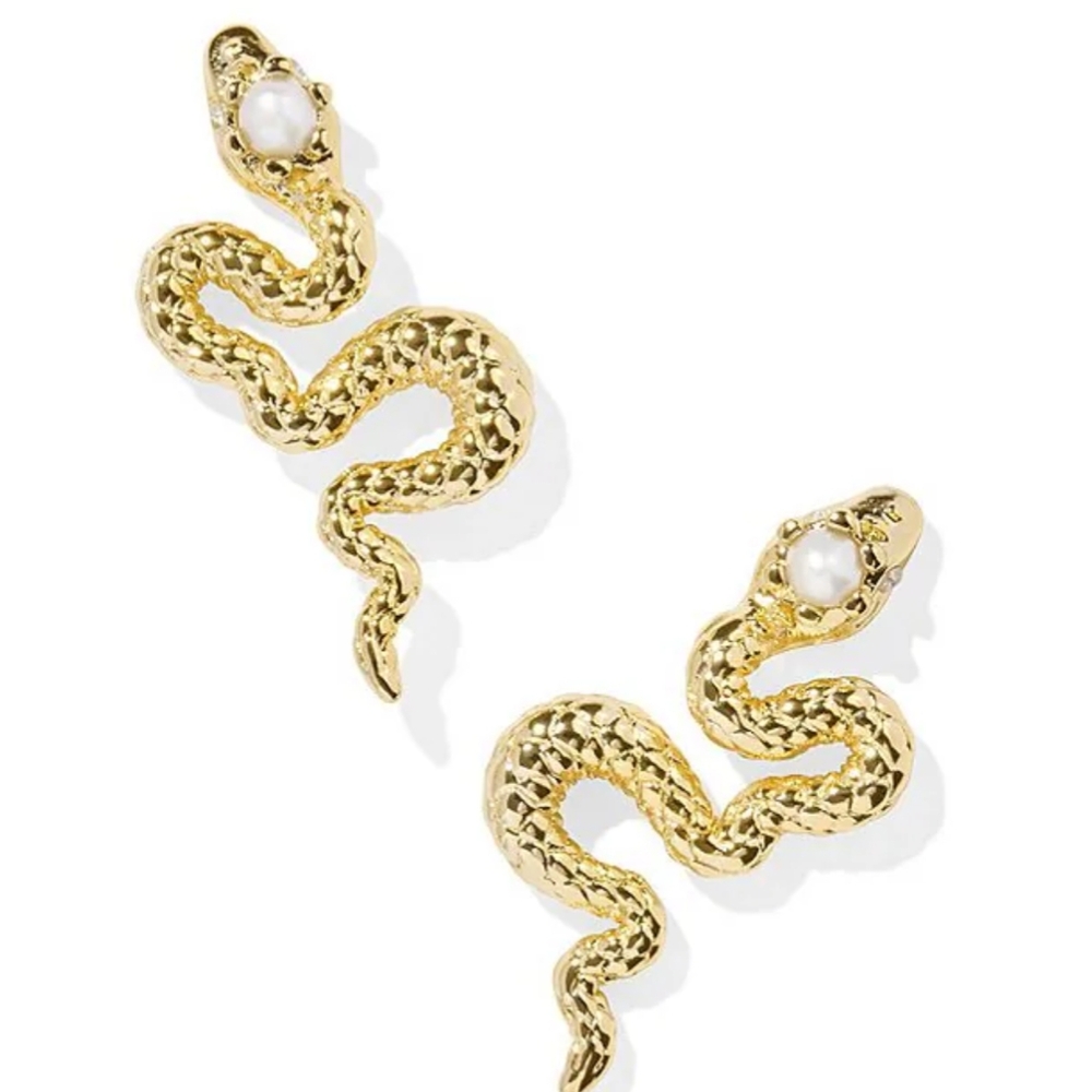 Gold Snake Earrings with Pearl Accents